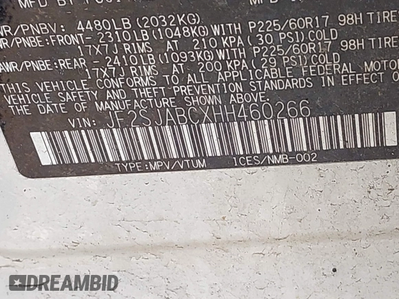 2017 Subaru Forester z VIN JF2SJABCXHH460266, wystawiony jako IAAI lot #42157943 z przebiegiem 72 774 mil mil oraz . Historia ofert i sprzedaży dostępna na DreamBid. Obrazek 9.