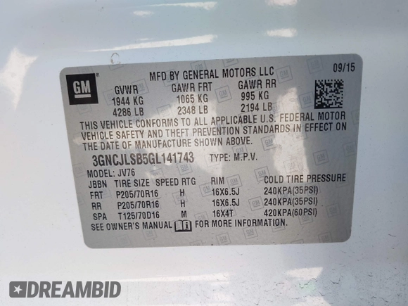 2016 Chevrolet Trax LT with VIN 3GNCJLSB5GL141743, listed as a IAAI auction lot 41795102 with 159,024 mi miles. Bid and sale history available at carsss.com. Image 9.