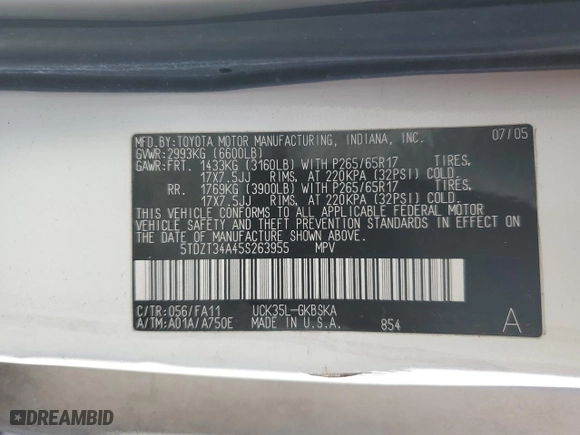 2005 Toyota Sequoia SR5 with VIN 5TDZT34A45S263955, listed as a Copart auction lot 46679045 with 225,191 mi miles and Salvage Title. Bid and sale history available at carsss.com. Image 13.
