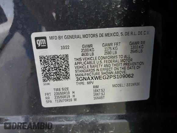 2023 Chevrolet Equinox RS with VIN 3GNAXWEG2PS109062, listed as a Copart auction lot 52000405 with 20,879 mi miles and Salvage title. Bid and sale history available at DreamBid. Image 14.