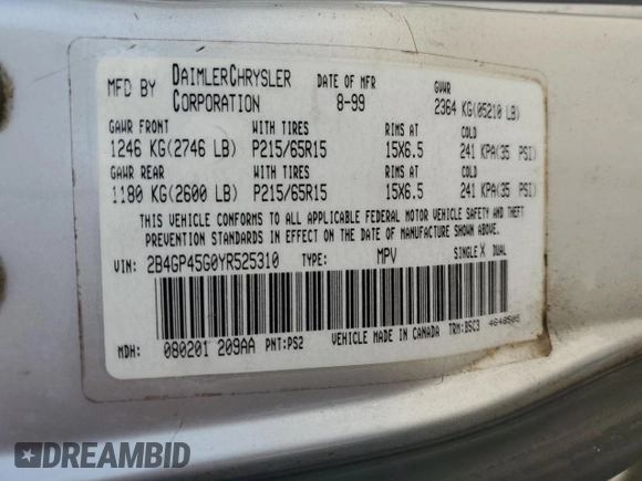 2000 Dodge Caravan SE with VIN 2B4GP45G0YR525310, listed as a Copart auction lot 69596394 with 299,957 mi miles and Salvage Title. Bid and sale history available at carsss.com. Image 16.