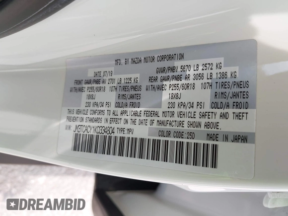 2019 Mazda CX-9 Touring with VIN JM3TCACY1K0334804, listed as a IAAI auction lot 42411662 with 49,447 mi miles and . Bid and sale history available at DreamBid. Image 9.