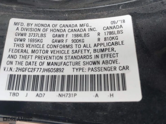 2018 Honda Civic Sedan EX with VIN 2HGFC2F77JH605892, listed as a IAAI auction lot 41464863 with 201,556 mi miles. Bid and sale history available at carsss.com. Image 9.