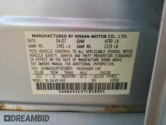 2007 Nissan Maxima 3.5 SE with VIN 1N4BA41E47C858805, listed as a Copart auction lot 71289524 with 159,722 mi miles and Salvage Title. Bid and sale history available at carsss.com. Image 12.