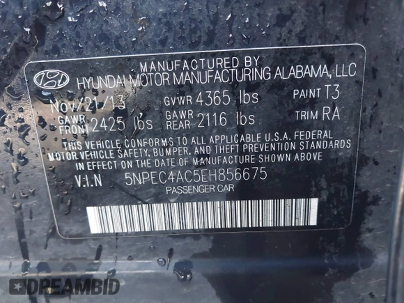 2014 Hyundai Sonata SE with VIN 5NPEC4AC5EH856675, listed as a IAAI auction lot 41785114 with 83,567 mi miles and . Bid and sale history available at DreamBid. Image 9.