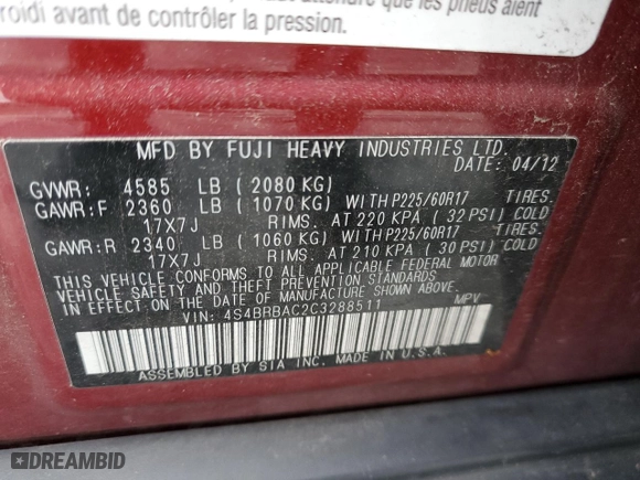 2012 Subaru Outback 2.5i with VIN 4S4BRBAC2C3288511, listed as a Copart auction lot 81510084 with 130,248 mi miles and Salvage Title. Bid and sale history available at carsss.com. Image 13.