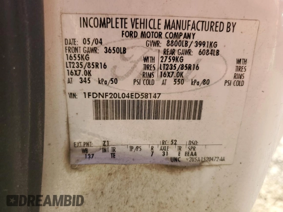 2004 Ford F-250 with VIN 1FDNF20L04ED58147, listed as a Copart auction lot 51791385 with 374,472 mi miles and Salvage title. Bid and sale history available at DreamBid. Image 12.