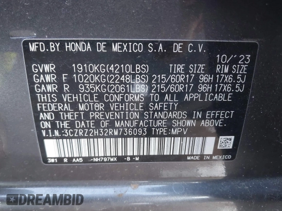 2024 Honda HR-V LX with VIN 3CZRZ2H32RM736093, listed as a IAAI auction lot 41416341 with 16,482 mi miles and . Bid and sale history available at DreamBid. Image 9.