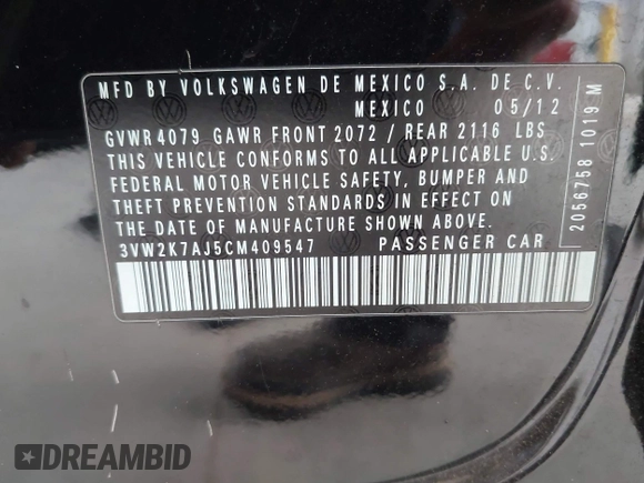 2012 Volkswagen Jetta S with VIN 3VW2K7AJ5CM409547, listed as a IAAI auction lot 42538460 with 66,171 mi miles and . Bid and sale history available at DreamBid. Image 9.