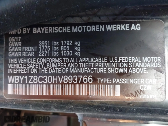 2017 BMW i3 z VIN WBY1Z8C30HV893766, wystawiony jako IAAI lot #42183288 z przebiegiem 60 514 mil mil oraz . Historia ofert i sprzedaży dostępna na DreamBid. Obrazek 9.