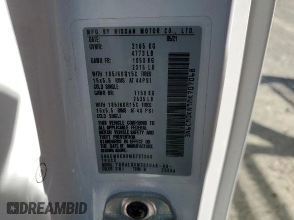 2021 Nissan NV200 SV with VIN 3N6CM0KN9MK707068, listed as a Copart auction lot 53052685 with 54,570 mi miles and Salvage title. Bid and sale history available at DreamBid. Image 12.