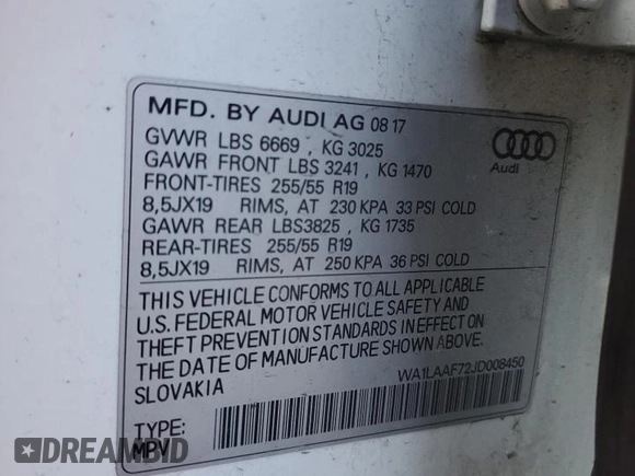 2018 Audi Q7 Premium Plus with VIN WA1LAAF72JD008450, listed as a Copart auction lot 45215335 with 0 mi miles and Salvage Title. Bid and sale history available at carsss.com. Image 13.