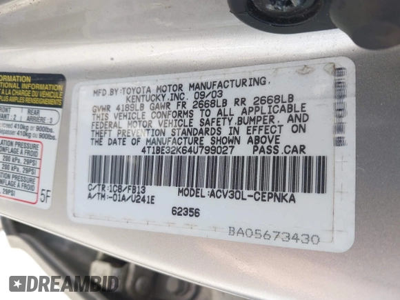 2004 Toyota Camry LE z VIN 4T1BE32K64U799027, wystawiony jako IAAI lot #42322301 z przebiegiem 89 437 mil mil oraz . Historia ofert i sprzedaży dostępna na DreamBid. Obrazek 9.