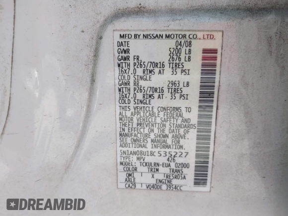 2008 Nissan Xterra S with VIN 5N1AN08U18C535227, listed as a IAAI auction lot 41906658 with 141,290 mi miles and . Bid and sale history available at DreamBid. Image 9.