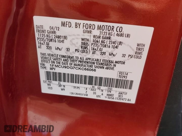 2012 Ford Escape XLT with VIN 1FMCU9DG7CKC66066, listed as a Copart auction lot 59592745 with 138,248 mi miles and Salvage title. Bid and sale history available at DreamBid. Image 13.