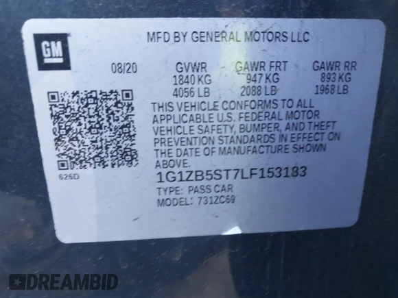 2020 Chevrolet Malibu LS with VIN 1G1ZB5ST7LF153183, listed as a IAAI auction lot 41683630 with 99,197 mi miles and . Bid and sale history available at DreamBid. Image 9.