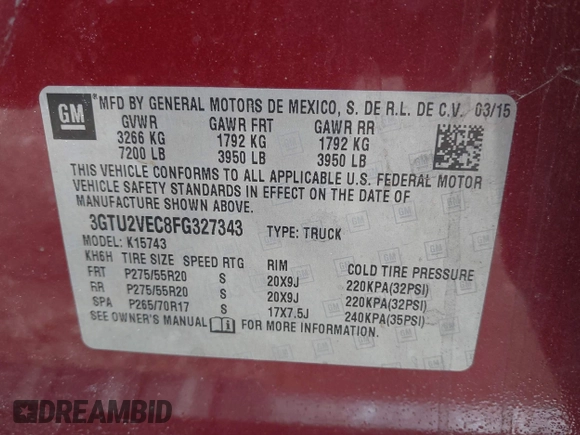 2015 GMC Sierra 1500 SLT with VIN 3GTU2VEC8FG327343, listed as a IAAI auction lot 41945583 with 225,200 mi miles and . Bid and sale history available at DreamBid. Image 9.