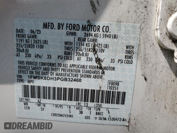 2023 Ford Explorer XLT with VIN 1FMSK8DH3PGB32460, listed as a Copart auction lot 61138545 with 49,434 mi miles and Salvage title. Bid and sale history available at DreamBid. Image 13.
