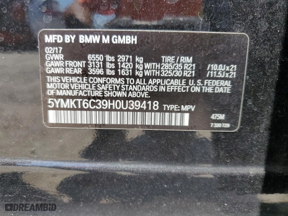 2017 BMW X5 M with VIN 5YMKT6C39H0U39418, listed as a Copart auction lot 51477644 with 93,127 mi miles. Bid and sale history available at carsss.com. Image 13.
