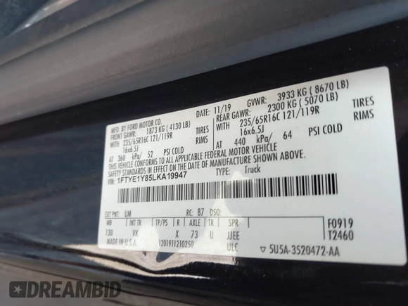 2020 Ford Transit Cargo with VIN 1FTYE1Y85LKA19947, listed as a IAAI auction lot 41917456 with 108,245 mi miles and . Bid and sale history available at DreamBid. Image 9.