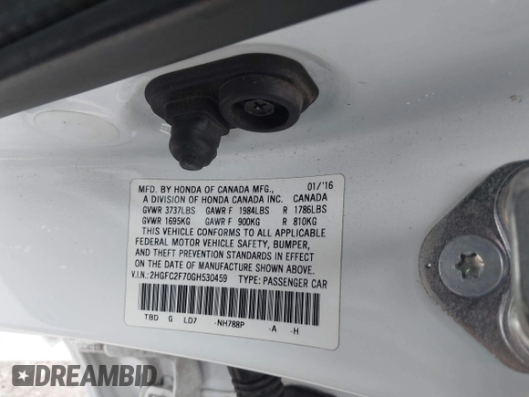 2016 Honda Civic Sedan EX with VIN 2HGFC2F70GH530459, listed as a IAAI auction lot 41710538 with 136,470 mi miles. Bid and sale history available at carsss.com. Image 9.