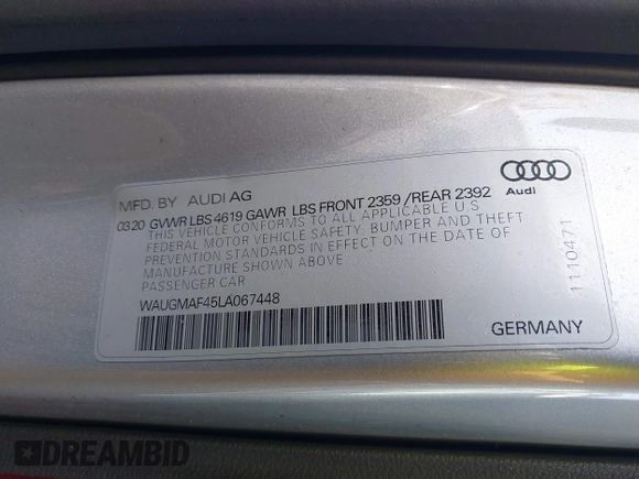2020 Audi A4 Premium z VIN WAUGMAF45LA067448, wystawiony jako IAAI lot #41712095 z przebiegiem 66 321 mil mil oraz . Historia ofert i sprzedaży dostępna na DreamBid. Obrazek 9.