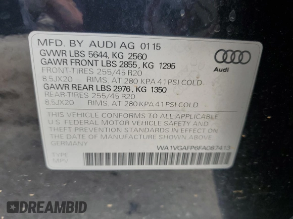 2015 Audi SQ5 Prestige with VIN WA1VGAFP6FA087413, listed as a Copart auction lot 59766785 with 86,792 mi miles and Salvage title. Bid and sale history available at DreamBid. Image 12.