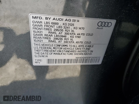 2015 Audi Q7 S line Prestige z VIN WA1DGAFE9FD008020, wystawiony jako Copart lot #56823245 z przebiegiem 162 087 mil mil oraz Szkoda całkowita • Salvage title. Historia ofert i sprzedaży dostępna na DreamBid. Obrazek 12.