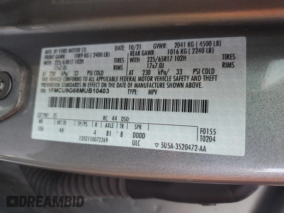 2021 Ford Escape SE with VIN 1FMCU9G68MUB10403, listed as a Copart auction lot 60376445 with 37,069 mi miles and Salvage title. Bid and sale history available at DreamBid. Image 14.