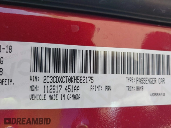 2019 Dodge Charger R/T with VIN 2C3CDXCT0KH562175, listed as a IAAI auction lot 41967216 with 73,757 mi miles and . Bid and sale history available at carsss.com. Image 9.