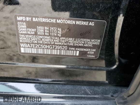 2017 BMW 7 Series 740i with VIN WBA7E2C50HG739520, listed as a Copart auction lot 88144025 with 0 mi miles and Salvage Title. Bid and sale history available at carsss.com. Image 12.