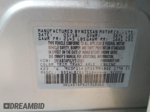 2018 Nissan Sentra SR with VIN 3N1AB7APXJY318561, listed as a Copart auction lot 47791845 with 85,885 mi miles and Salvage Title. Bid and sale history available at DreamBid. Image 12.