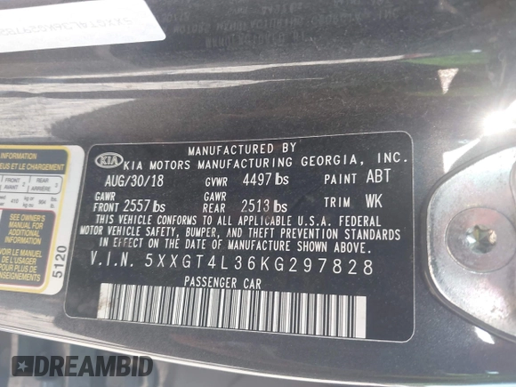 2019 Kia Optima LX with VIN 5XXGT4L36KG297828, listed as a IAAI auction lot 42597545 with 199,652 mi miles and . Bid and sale history available at DreamBid. Image 9.