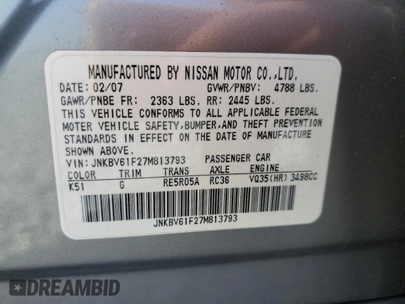 2007 Infiniti G35 Sedan G35x with VIN JNKBV61F27M813793, listed as a Copart auction lot 51618015 with 149,884 mi miles and Salvage Title. Bid and sale history available at carsss.com. Image 12.