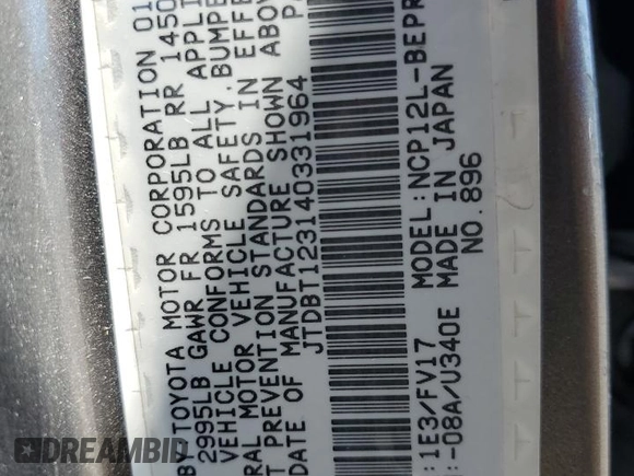 2004 Toyota ECHO with VIN JTDBT123140331964, listed as a Copart auction lot 59156135 with 180,834 mi miles and Salvage title. Bid and sale history available at DreamBid. Image 12.