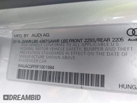2015 Audi A3 Premium with VIN WAUACGFF5F1001984, listed as a IAAI auction lot 42246002 with 146,059 mi miles and . Bid and sale history available at DreamBid. Image 9.