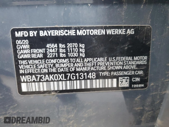 2020 BMW 2 Series 228i xDrive with VIN WBA73AK0XL7G13148, listed as a Copart auction lot 50231465 with 48,675 mi miles and Salvage Title. Bid and sale history available at DreamBid. Image 12.