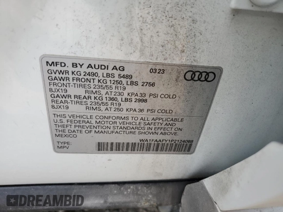 2023 Audi Q5 S line Prestige z VIN WA1FAAFY1P2124068, wystawiony jako Copart lot #60449165 z przebiegiem 19 763 mil mil oraz Szkoda całkowita • Salvage title. Historia ofert i sprzedaży dostępna na DreamBid. Obrazek 13.