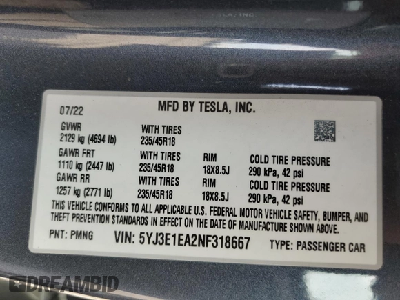2022 Tesla Model 3 z VIN 5YJ3E1EA2NF318667, wystawiony jako Copart lot #49469145 z przebiegiem 48 242 mil mil oraz Szkoda całkowita • Salvage title. Historia ofert i sprzedaży dostępna na DreamBid. Obrazek 14.