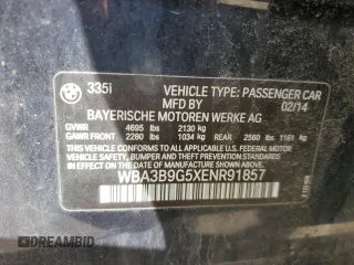 2014 BMW 3 Series 335i xDrive with VIN WBA3B9G5XENR91857, listed as a Copart auction lot 57070825 with 79,866 mi miles and Salvage title. Bid and sale history available at DreamBid. Image 12.