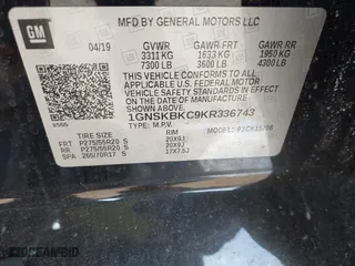 2019 Chevrolet Tahoe LT with VIN 1GNSKBKC9KR336743, listed as a IAAI auction lot 41445798 with 92,274 mi miles. Bid and sale history available at carsss.com. Image 9.