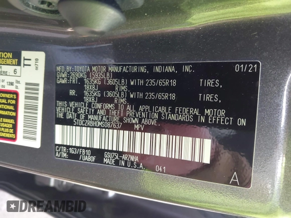 2021 Toyota Highlander L z VIN 5TDCZRBH0MS087637, wystawiony jako IAAI lot #41947861 z przebiegiem 22 626 mil mil oraz . Historia ofert i sprzedaży dostępna na DreamBid. Obrazek 9.