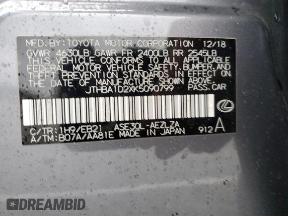 2019 Lexus IS with VIN JTHBA1D2XK5090799, listed as a Copart auction lot 48598785 with 22,079 mi miles and Salvage Title. Bid and sale history available at carsss.com. Image 12.