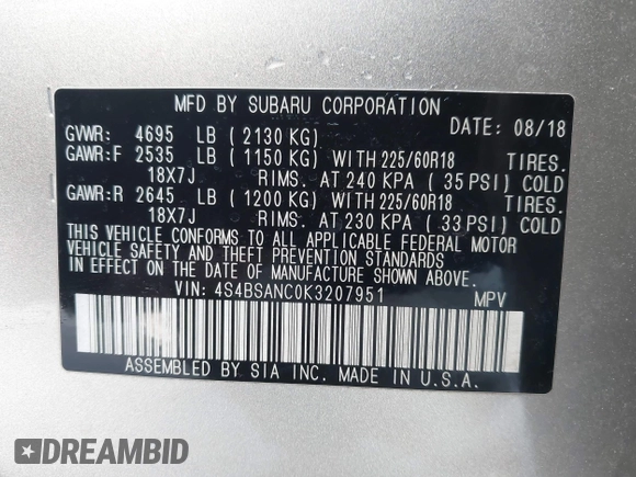 2019 Subaru Outback Limited with VIN 4S4BSANC0K3207951, listed as a IAAI auction lot 41969571 with 28,991 mi miles and . Bid and sale history available at DreamBid. Image 9.