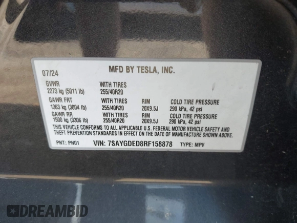 2024 Tesla Model Y z VIN 7SAYGDED8RF158878, wystawiony jako IAAI lot #42514586 z przebiegiem 18 594 mil mil oraz . Historia ofert i sprzedaży dostępna na DreamBid. Obrazek 9.