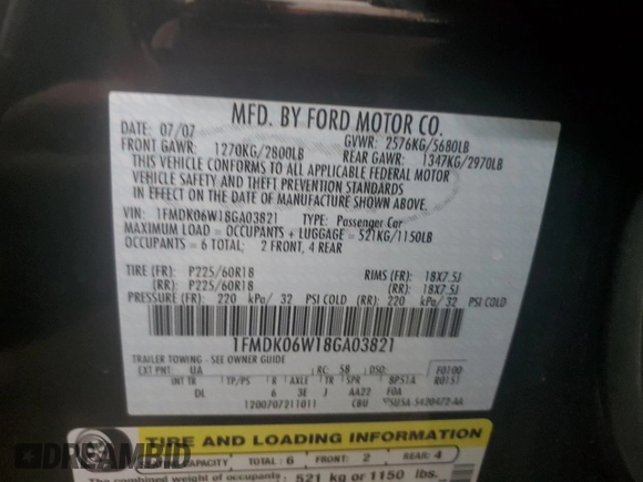 2008 Ford Taurus X Limited with VIN 1FMDK06W18GA03821, listed as a Copart auction lot 53123935 with 147,333 mi miles and Salvage title. Bid and sale history available at DreamBid. Image 16.