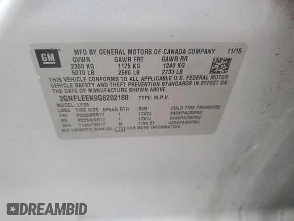 2016 Chevrolet Equinox LS with VIN 2GNFLEEK9G6202188, listed as a Copart auction lot 53944665 with 151,657 mi miles and Clean Title. Bid and sale history available at DreamBid. Image 13.