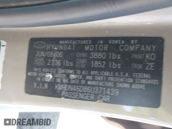 2006 Hyundai Elantra GLS z VIN KMHDN46D86U371439, wystawiony jako IAAI lot #41854932 z przebiegiem 147 933 mil mil oraz . Historia ofert i sprzedaży dostępna na DreamBid. Obrazek 9.
