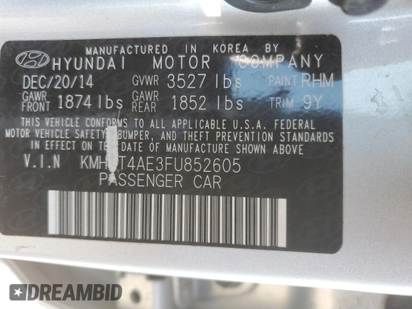 2015 Hyundai Accent GLS with VIN KMHCT4AE3FU852605, listed as a Copart auction lot 44260155 with 84,972 mi miles and Salvage Title. Bid and sale history available at DreamBid. Image 12.