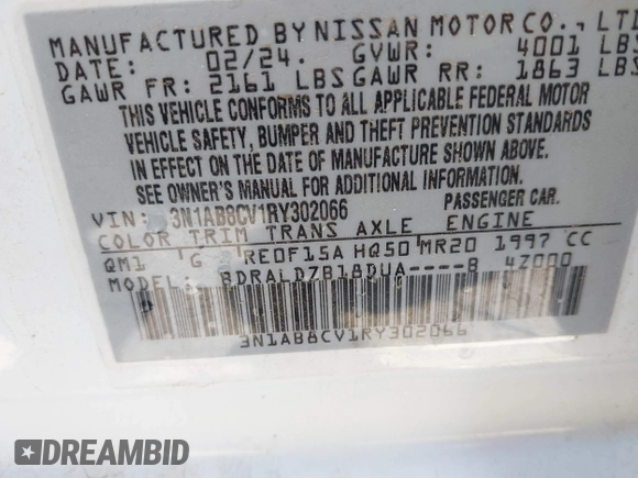 2024 Nissan Sentra SV with VIN 3N1AB8CV1RY302066, listed as a IAAI auction lot 42553617 with 38,596 mi miles and . Bid and sale history available at DreamBid. Image 9.